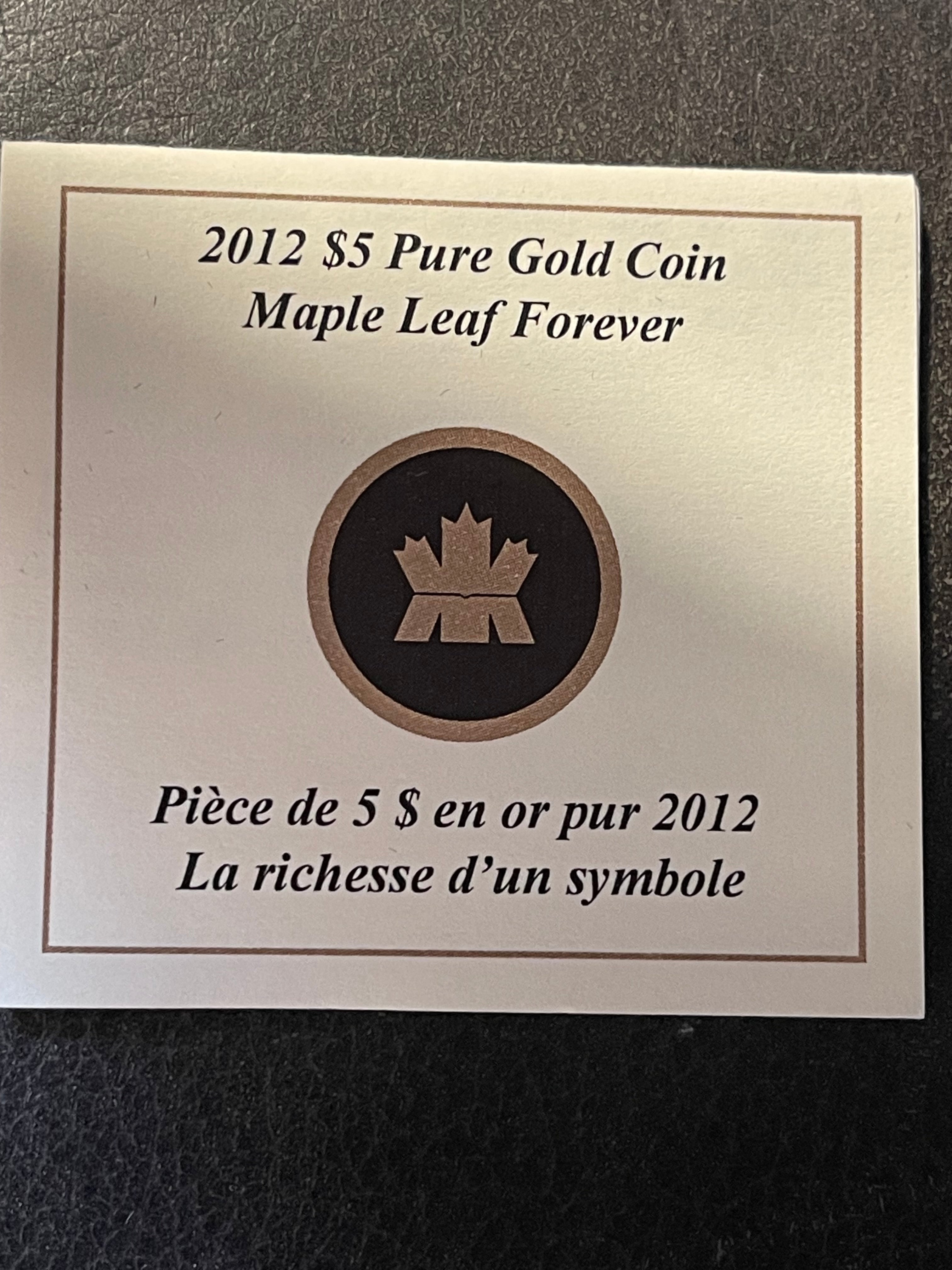 2012 Canada $5 Gold Maple Leaf – 1/10 oz (.9999 Fine Gold) – Royal Canadian Mint w/ Box & COA