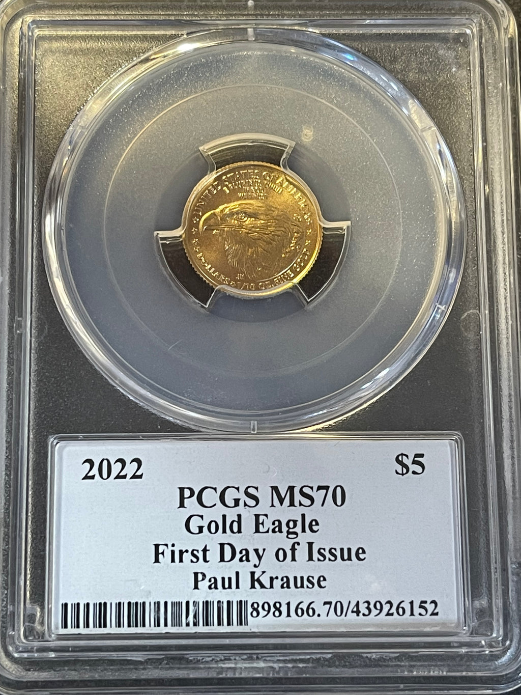 2022 $5 American Gold Eagle 1/10 oz – PCGS MS70 FDOI – Paul Krause Legends of Life Label