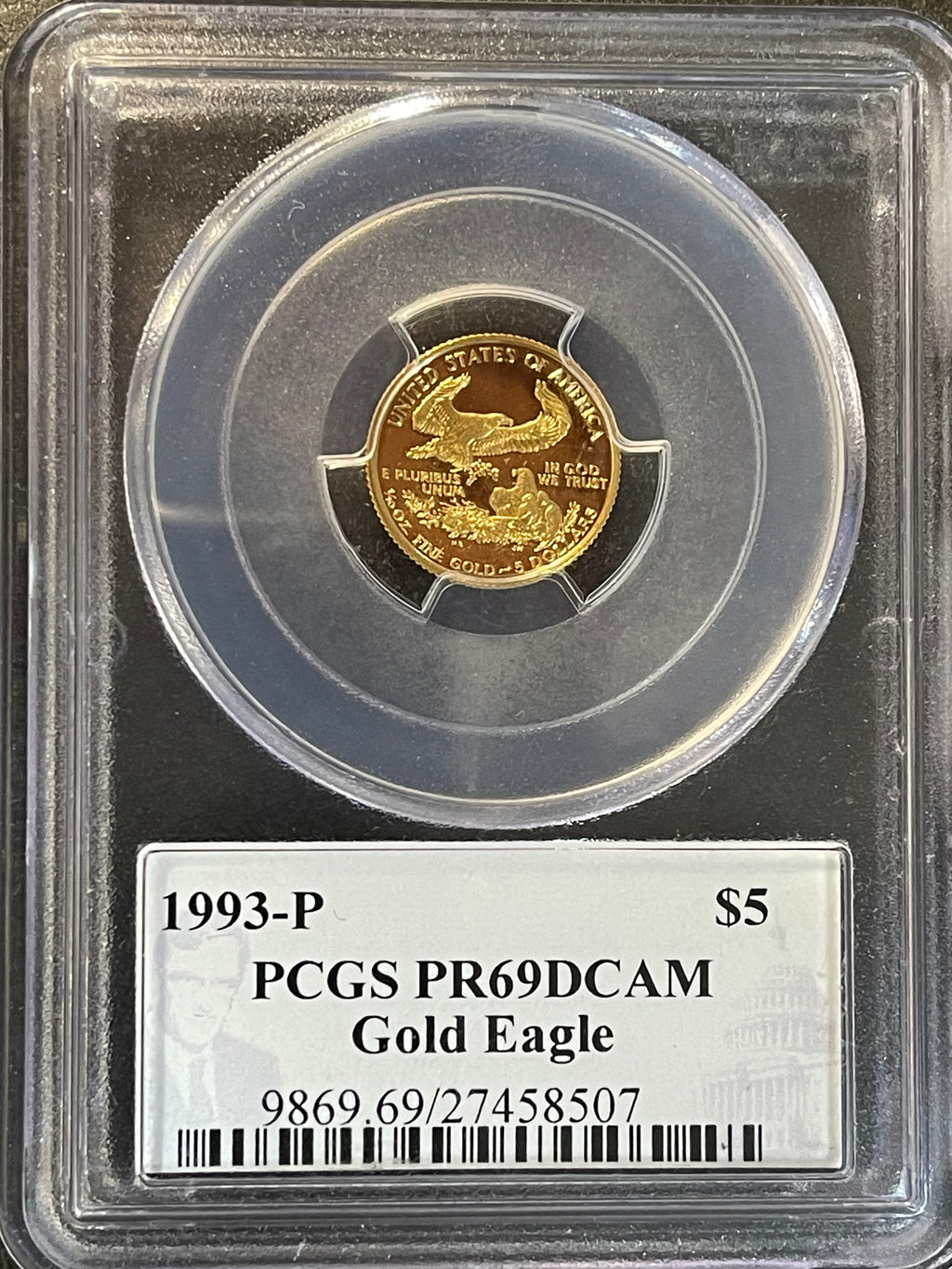 1993-P American Gold Eagle $5 – 1/10 oz Gold – PCGS PR69DCAM U.S. Mint Director Signature Label