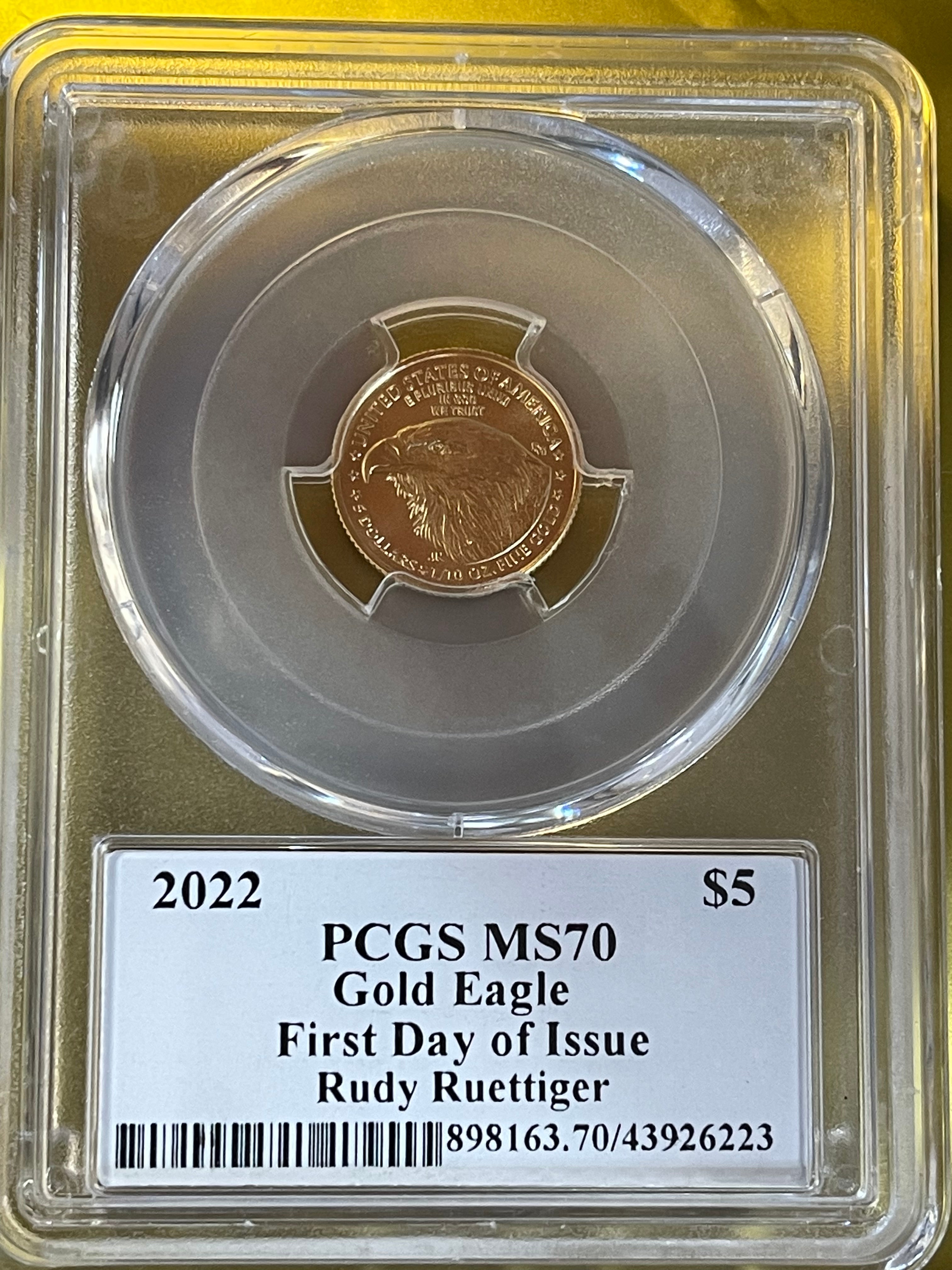 2022 American Gold Eagle $5 – 1/10 oz Gold – PCGS MS70 First Day of Issue Rudy Ruettiger Label