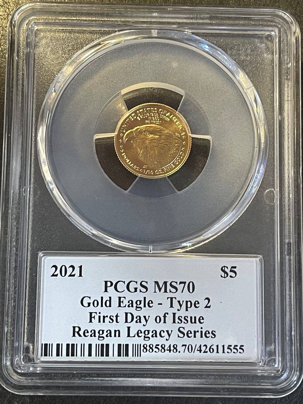 2021 $5 American Gold Eagle 1/10 oz – PCGS MS70 FDOI – Reagan Legacy Series – Type 2