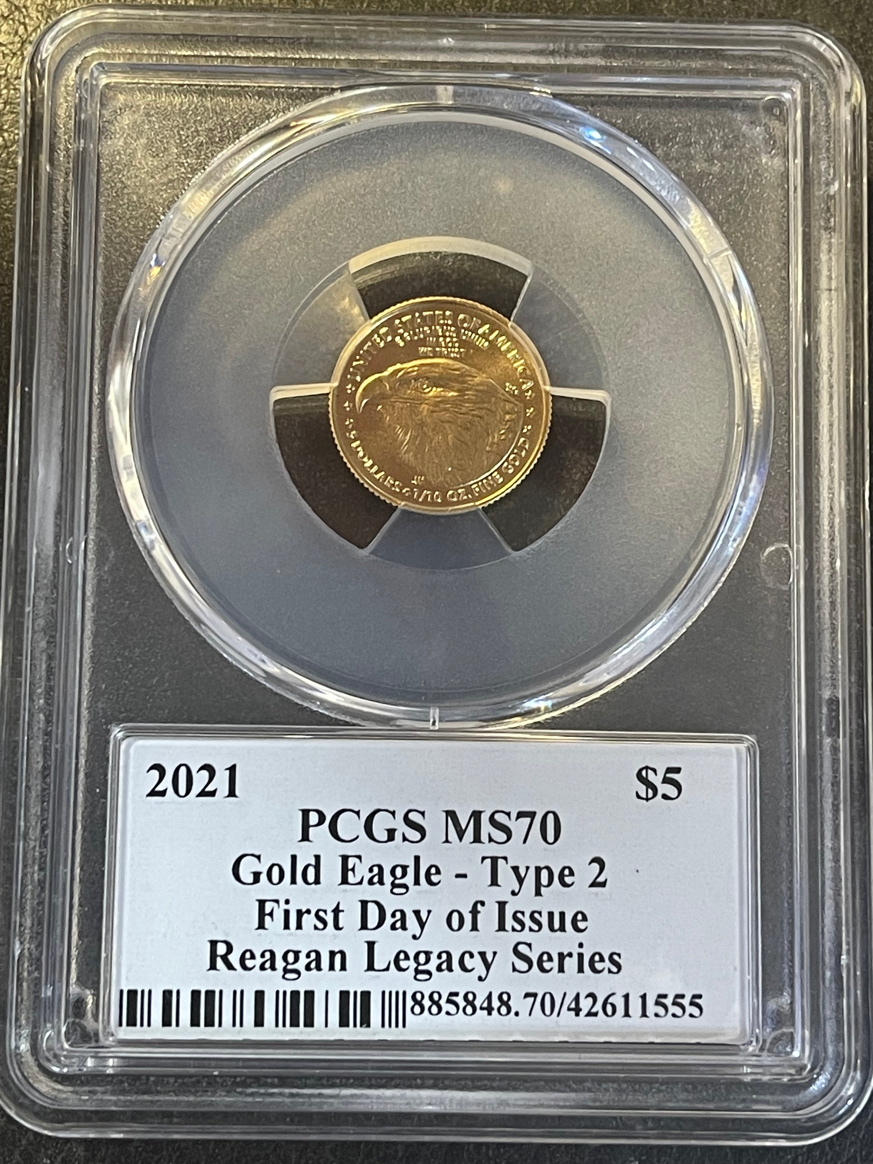 2021 $5 American Gold Eagle 1/10 oz – PCGS MS70 FDOI – Reagan Legacy Series – Type 2